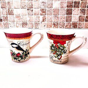 Cracker Barrel "Season of Peace" Coffee Mug Set of 2 ~ "Celebrate & Rejoice" EUC